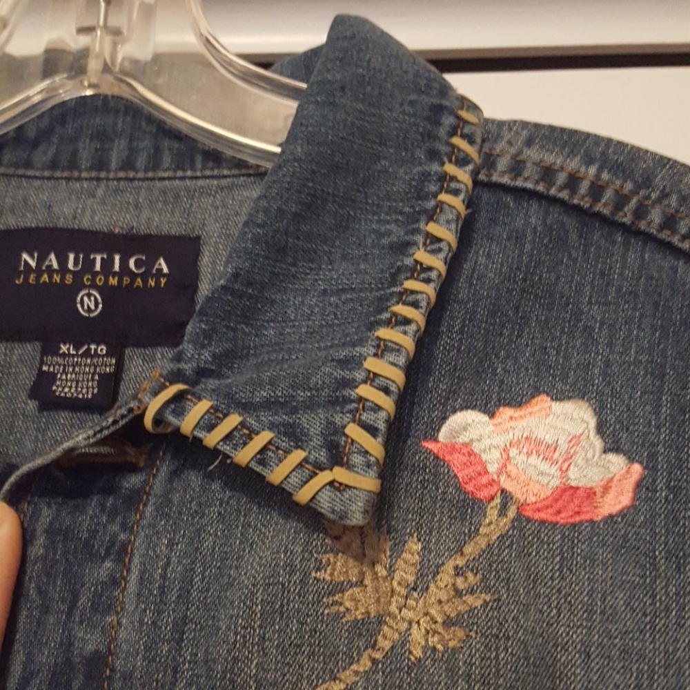 Nautica Blue Denim Jean Jacket with Pink & Cream Floral Embroidery